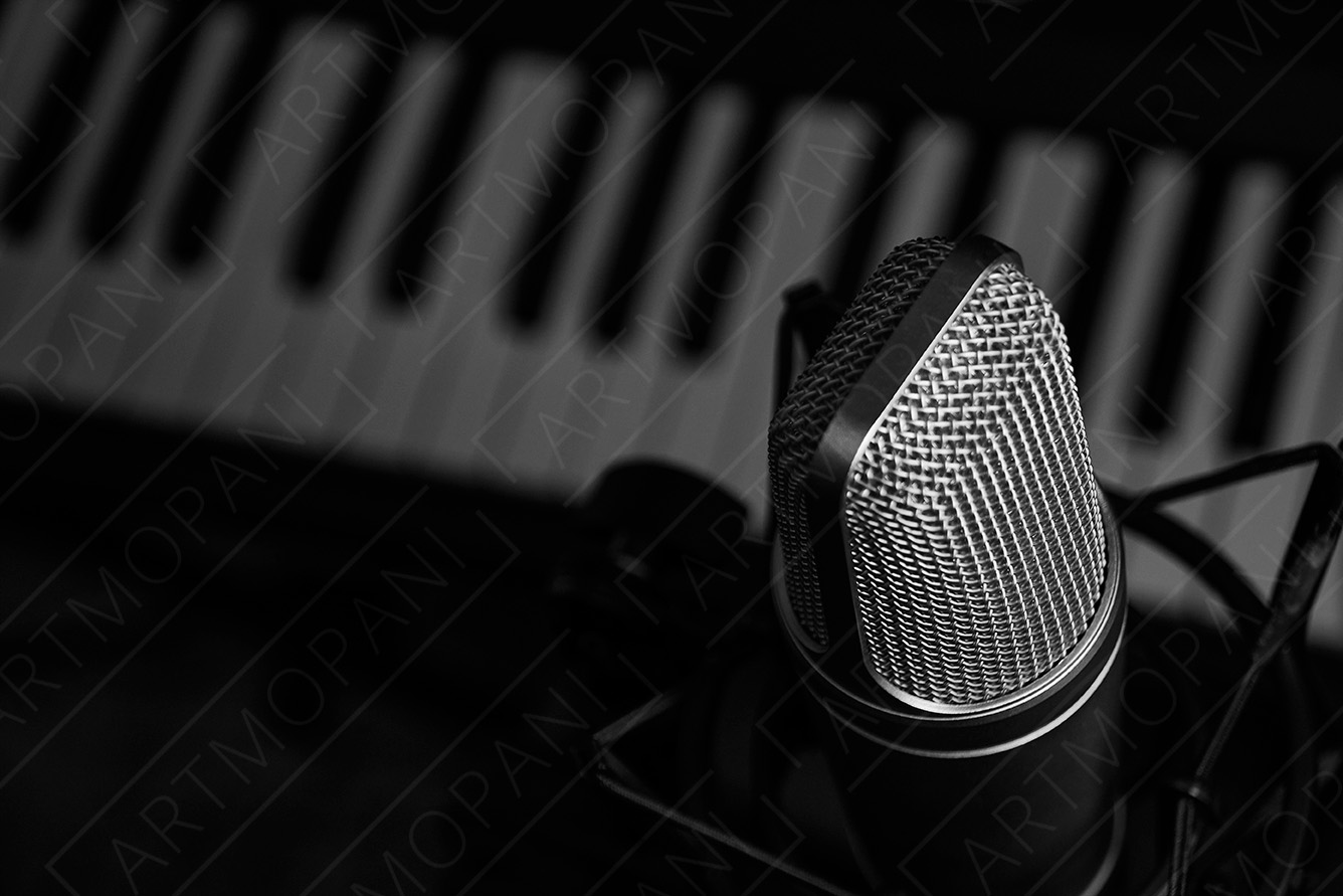 keyboard and microphone in black & white