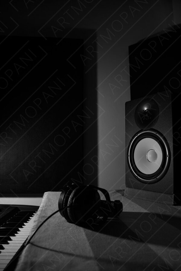 black and white recording studio scene