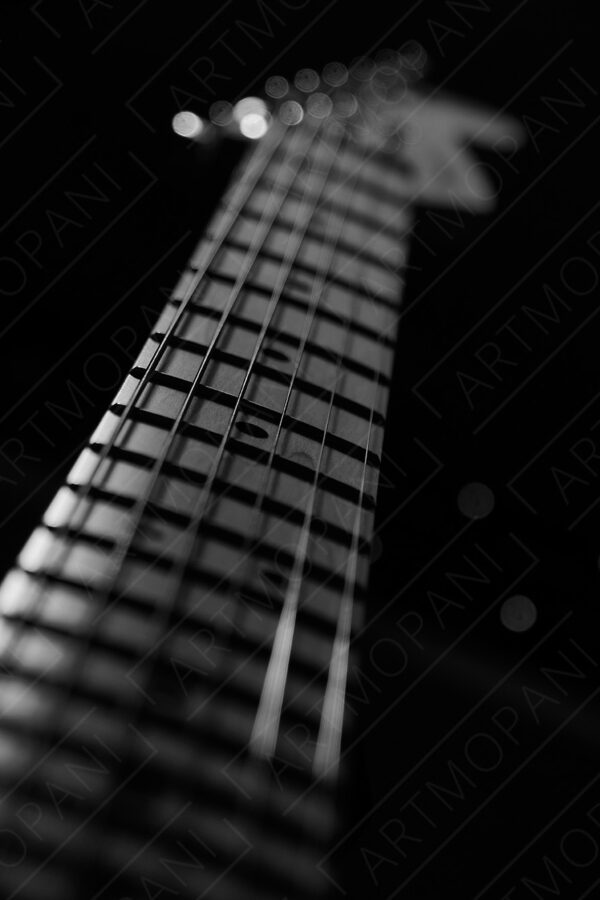 fretboard of an electric guitar from a striking angle